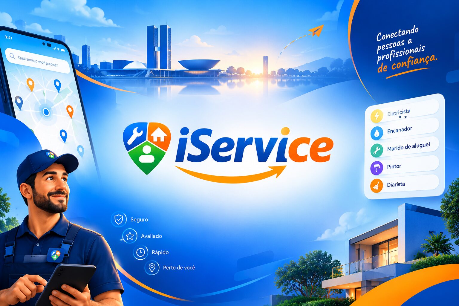Arte do iService com o Congresso Nacional ao fundo, um profissional uniformizado e o app mostrando profissionais no mapa